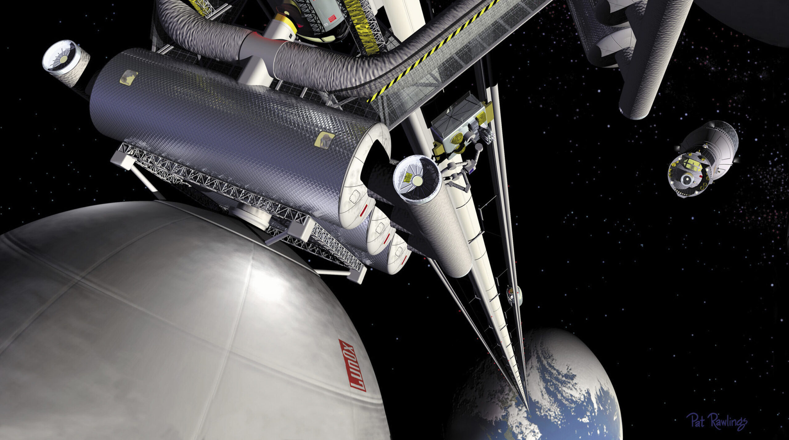 Illustration of an elevator from earth to space