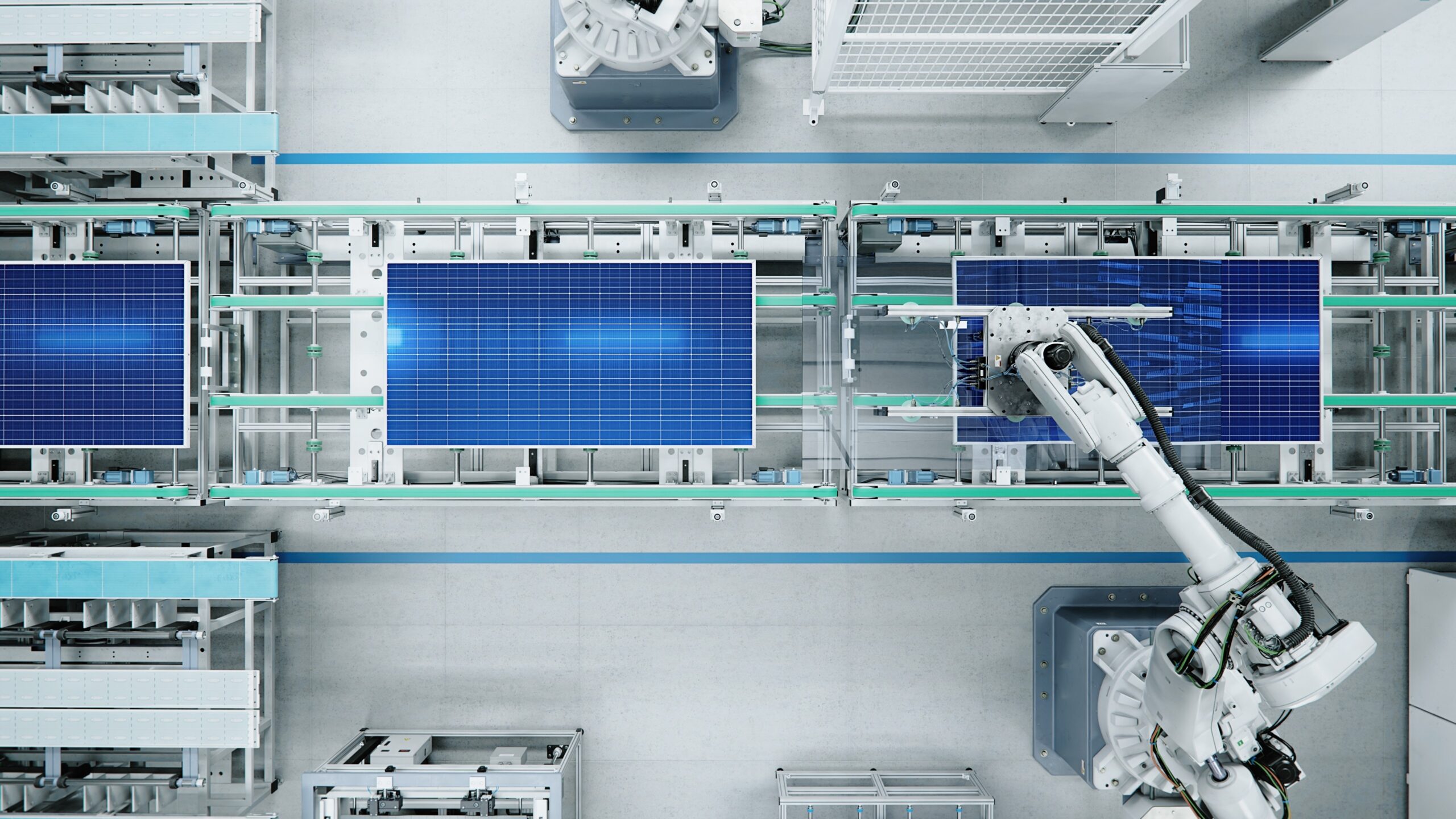 Top,View,Of,Solar,Panel,Assembly,Line,With,Robot,Arms