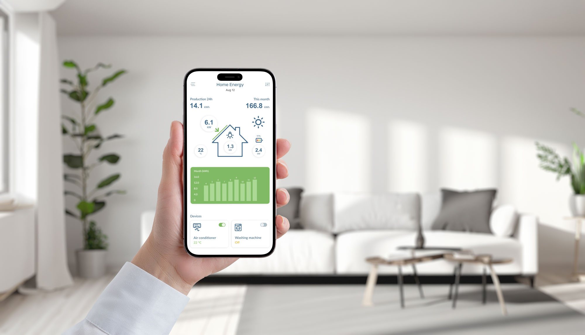 Hand,Holds,Phone,Displaying,Solar,Energy,App,In,A,Cozy solar energy app on mobile