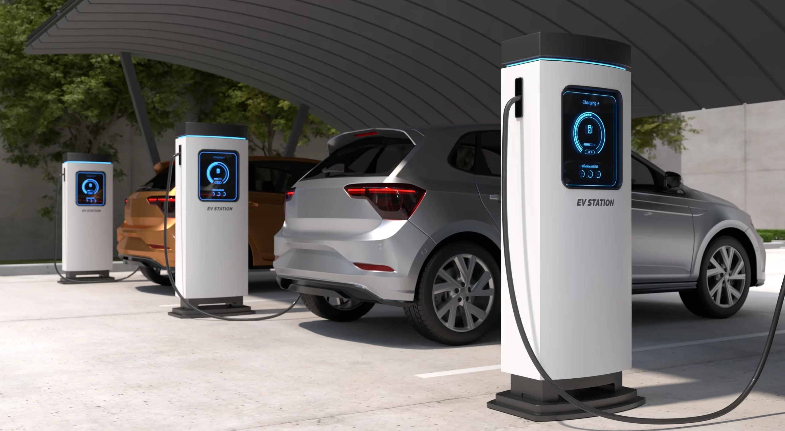Electric cars charging in a public car park