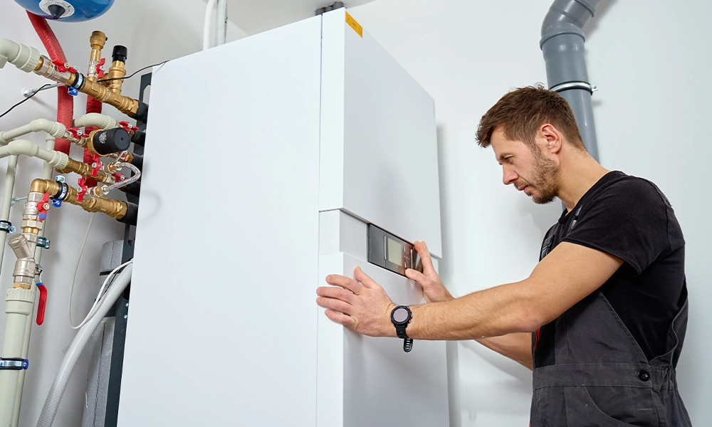 Ground & Water Source Heat Pumps Technician working on indoor heat pump unit